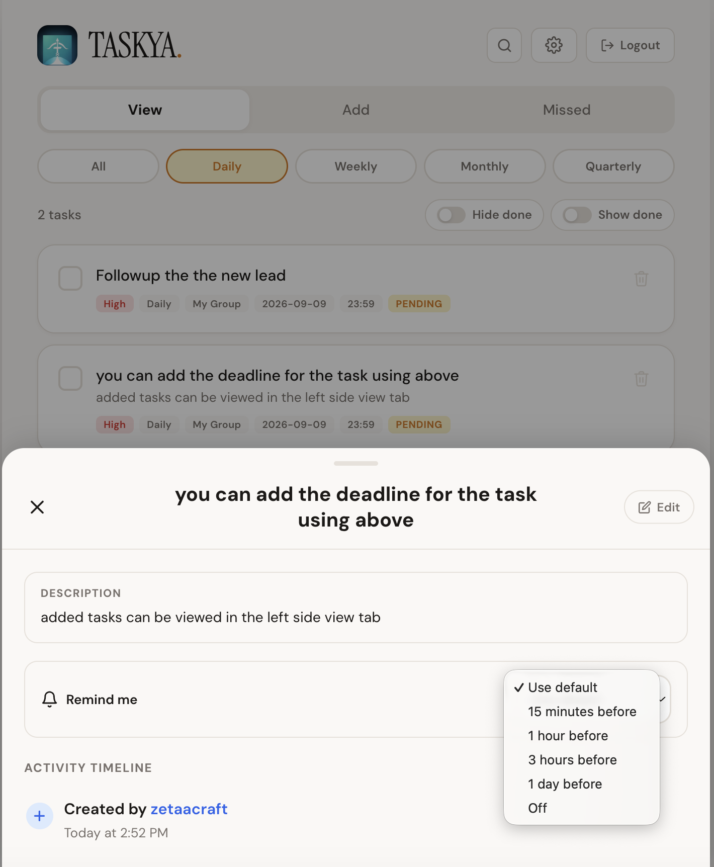 Taskya — a task manager app
