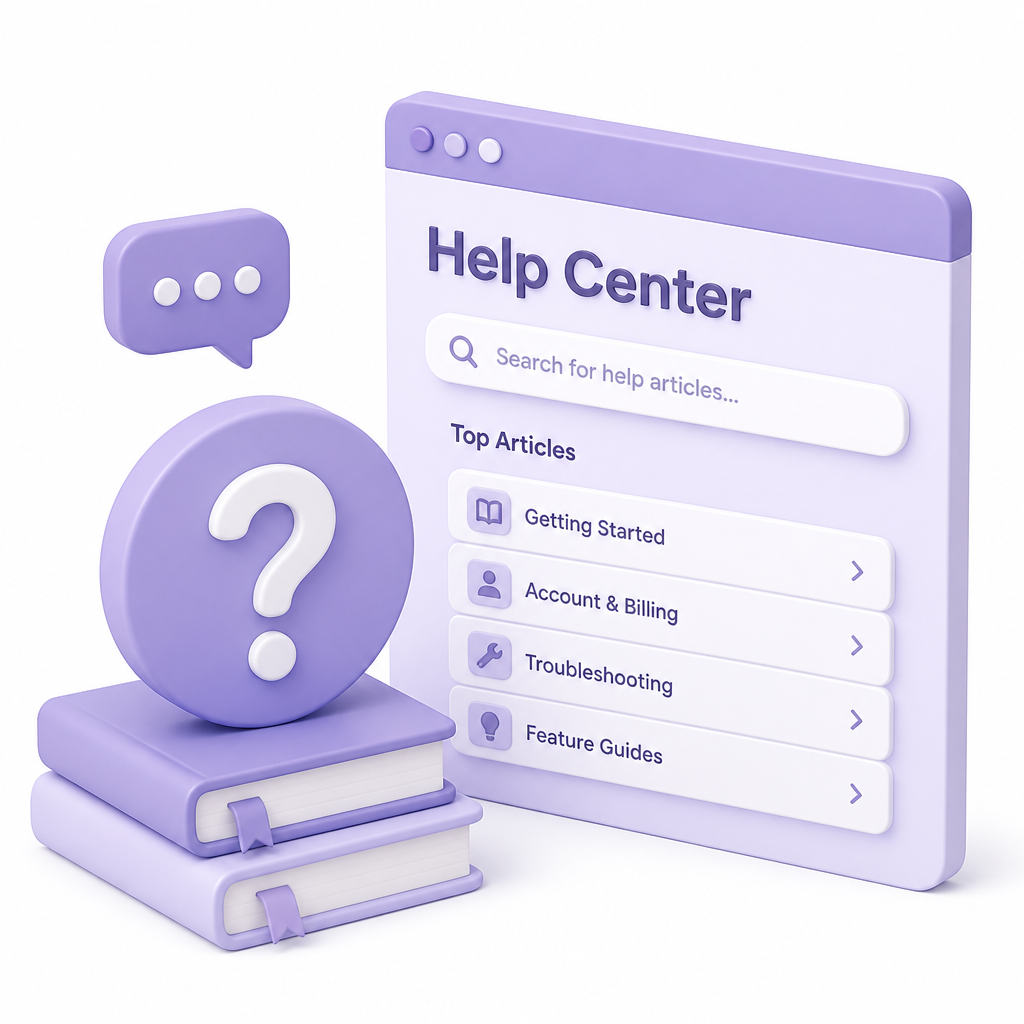 Help center illustration — search, chat and support